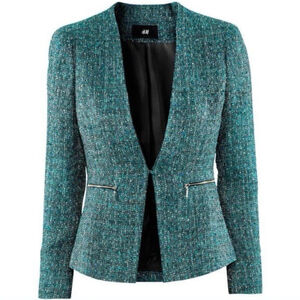 NWT H&M Tweed Jacket Blazer Size:8 Metallic Blue Lined Wool Blend Long Sleeves